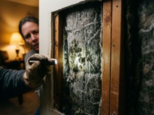 Doorsnede van huismuur met donkere schimmelplekken op isolatiemateriaal, hand met zaklamp toont vochtprobleem
