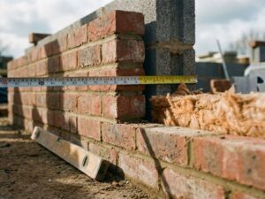 Doorsnede spouwmuur met isolatiemateriaal tussen bakstenen lagen, meetlint toont dikte, waterpas aan basis