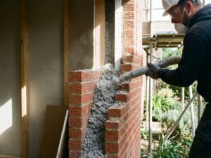 Professionele isolatiewerker blaast isolatiemateriaal in spouwmuur tussen bakstenen lagen met gespecialiseerde apparatuur