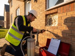 Bouwvakker injecteert isolatiemateriaal in spouwmuur met gespecialiseerde apparatuur, garantiecertificaat op gereedschapskist