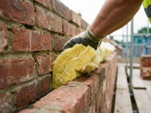 Bouwvakker plaatst gele minerale wol isolatie tussen bakstenen spouwmuur lagen tijdens constructie