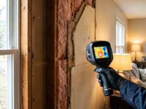 Professionele hand houdt warmtebeeldcamera gericht op huismuur met zichtbare isolatie tussen houten balken