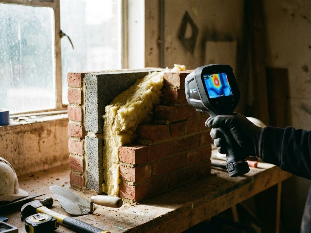 Dwarsdoorsnede bakstenen spouwmuur met isolatie, professionele hand houdt warmtebeeldcamera vast, gereedschap op werkbank