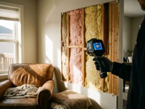 Aannemer houdt thermische camera vast bij doorsnede muur met isolatiemateriaal tussen houten balken in moderne woonkamer