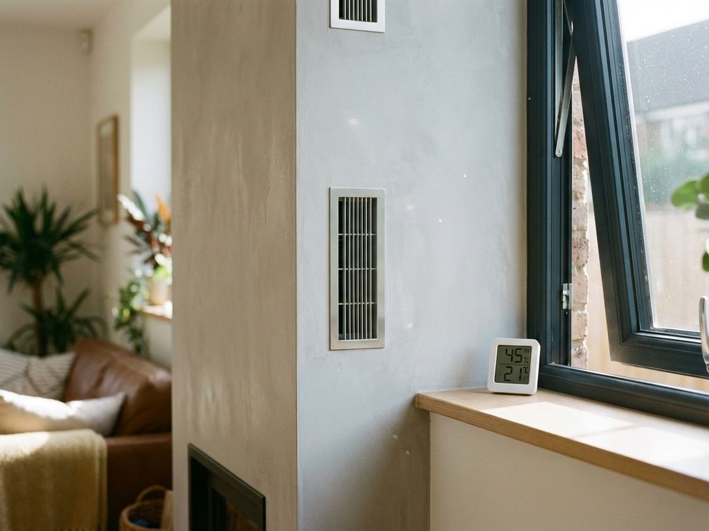 Geïsoleerde muur met geïntegreerde ventilatierooster en hygrometer op vensterbank in moderne woonkamer met natuurlijk licht