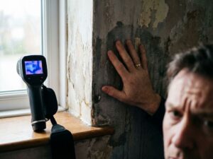 Hand raakt vochtige muur met vochtplekken en afbladderende verf aan, thermische camera toont warmteverlies patronen