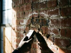 Professionele hand houdt vochtmeter tegen beschadigde bakstenen muur met afbrokkelend voegwerk en waterschade
