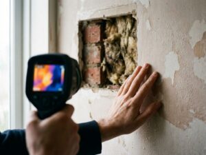 Hand raakt koude muur aan met condensdruppels, thermische camera toont warmteverlies, zichtbare isolatieproblemen