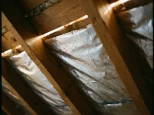 Doorsnede van dakspanten met zilveren dampscherm tussen houten balken, waterdruppels op reflecterend oppervlak