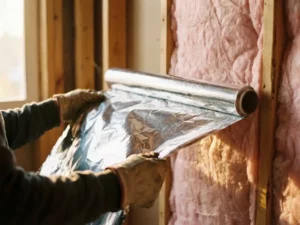 Bouwvakker installeert reflecterende dampscherm over roze glaswol isolatie in houten wandframe
