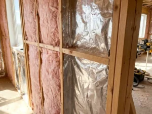 Doorsnede van muurisolatie met zilveren dampscherm tegen roze glaswol isolatiemateriaal tussen houten balken