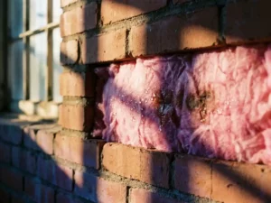 Doorsnede bakstenen muur met roze isolatiemateriaal waarop waterdruppels parelvorming en absorptie tonen bij warm zonlicht