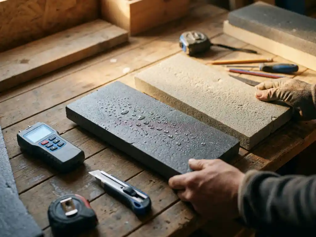 Twee isolatiepanelen op houten werkbank, één met vochtdruppels en één droog, met vochtmeter en gereedschap