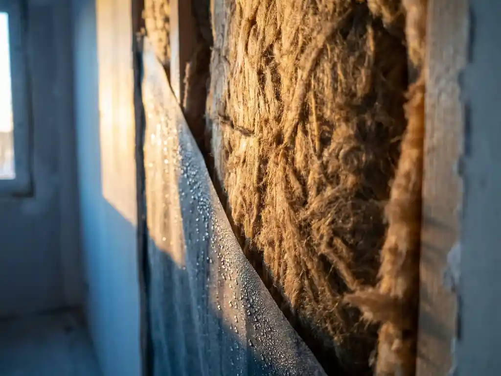 Dwarsdoorsnede van muur met minerale wol isolatie en waterduppels condensatie op koud oppervlak in gouden licht