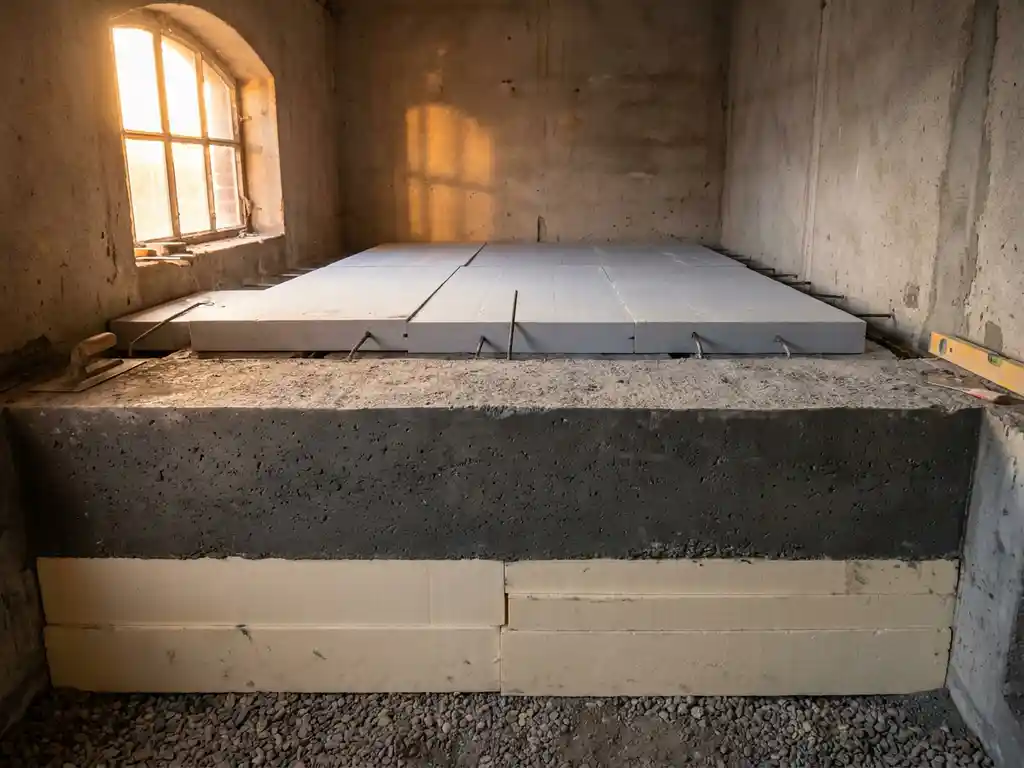 Betonvloerplaat met isolatieplaten boven en onder in een Dutch nieuwbouwinterieur, ruw beton naast lichtgrijze isolatiepanelen.