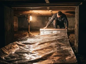 Zilveren dampscherm dat wordt uitgerold over de vloer van een kruipruimte, verlicht door een werklamp, met betonnen funderingsmuren en houten balklagen.