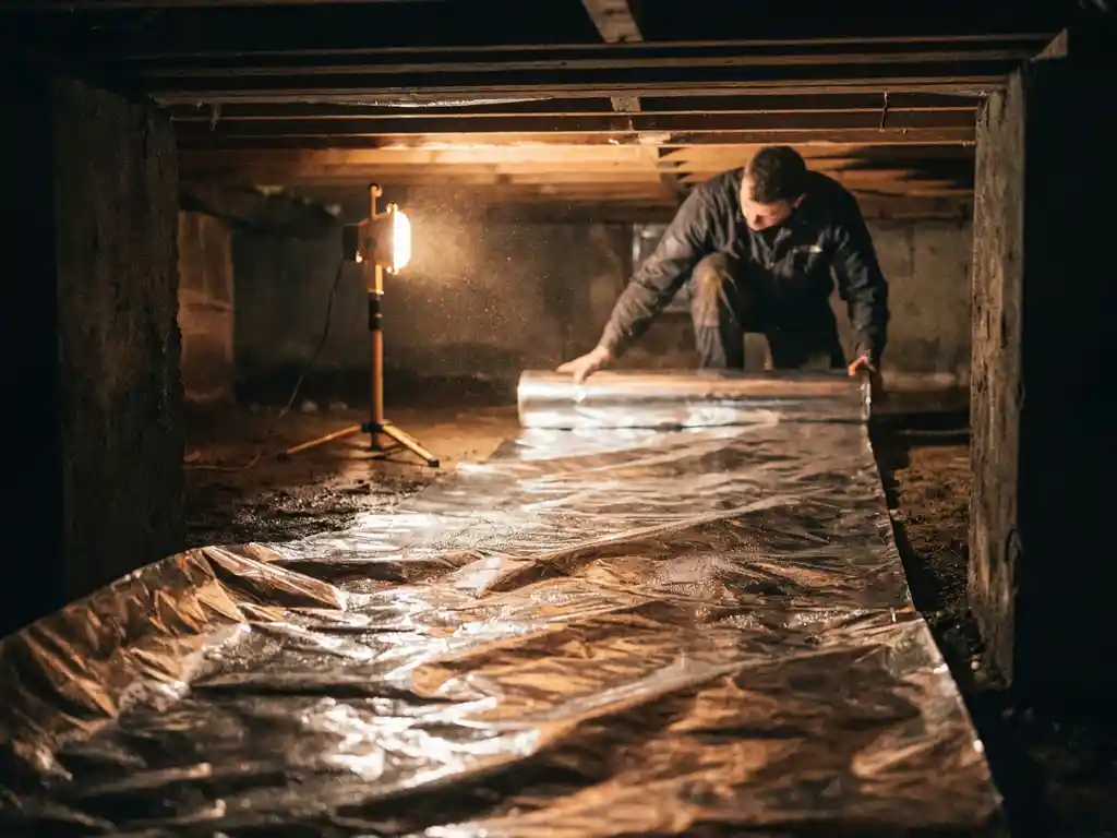 Zilveren dampscherm dat wordt uitgerold over de vloer van een kruipruimte, verlicht door een werklamp, met betonnen funderingsmuren en houten balklagen.
