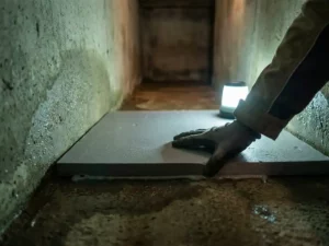 Isolatieplaat van hard schuim tegen vochtige betonnen kruipruimtevloer, waterdruppels zichtbaar op omliggende betonwanden.