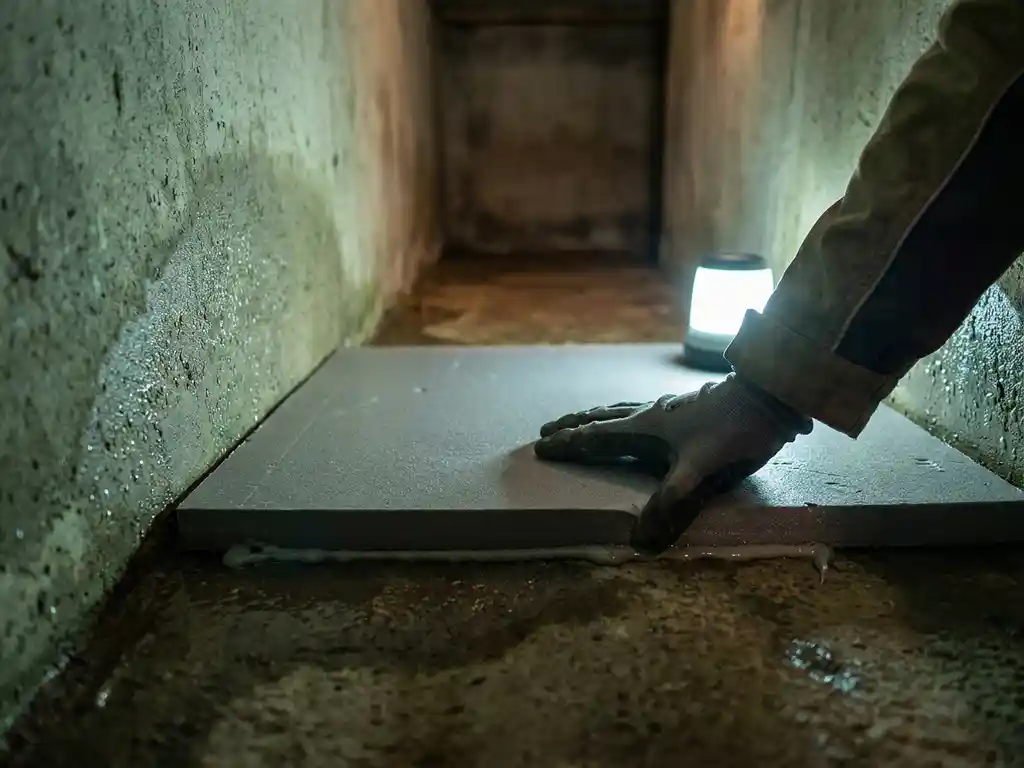 Isolatieplaat van hard schuim tegen vochtige betonnen kruipruimtevloer, waterdruppels zichtbaar op omliggende betonwanden.