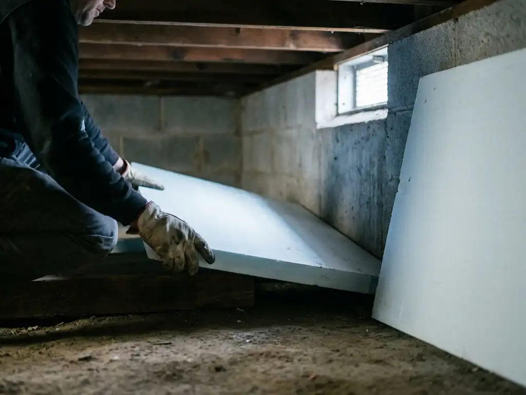 Isolatieplaat die in kruipruimte tegen houten vloerconstructie wordt geplaatst, met betonnen funderingsmuren op de achtergrond.