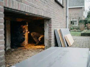 Monteur hurkt bij kruipruimte onder Nederlandse woning en schijnt zaklamp op betonnen palen en kale aardbodem.