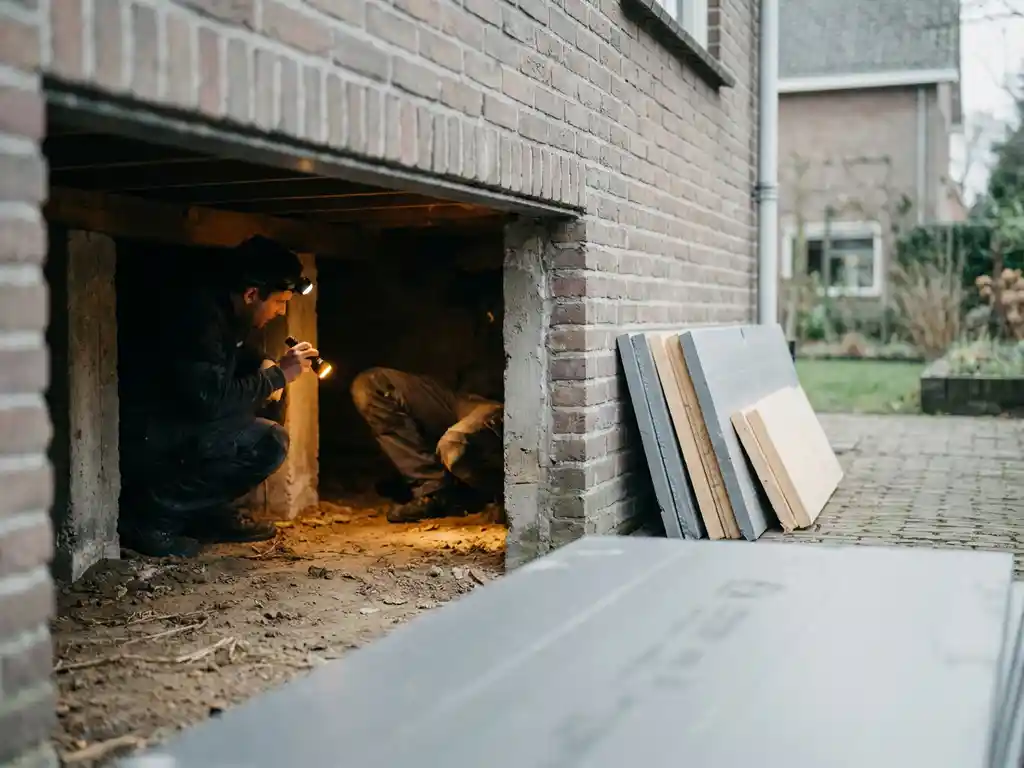 Monteur hurkt bij kruipruimte onder Nederlandse woning en schijnt zaklamp op betonnen palen en kale aardbodem.