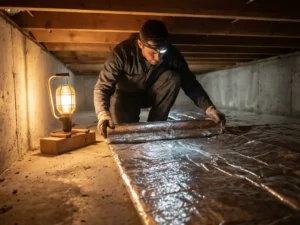 Installateur legt zilveren folie isolatiedeken op betonvloer in kruipruimte onder houten vloerbalken, verlicht door werklamp.