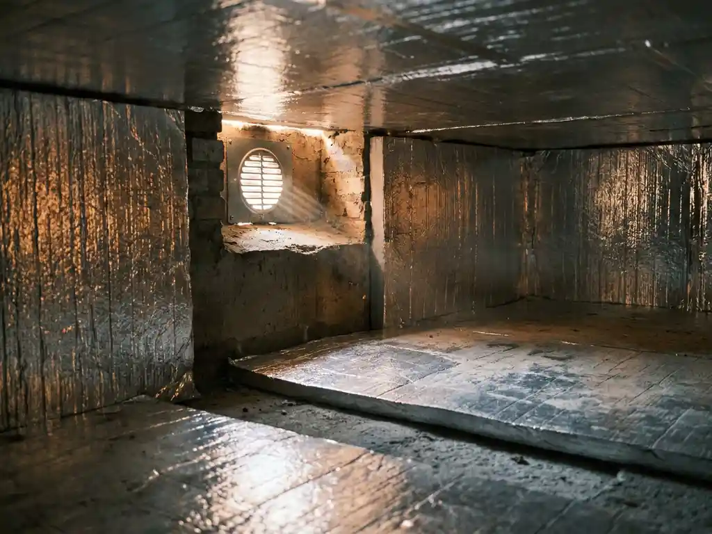 Geïsoleerde kruipruimte met zilveren folie-isolatiepanelen op vloer en wanden, rond ventilatieroosters in betonnen fundering, daglicht filtert naar binnen.