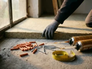Isolatieplaten op betonvloer met pluggen, schroeven en PU-schuimpatronen, meetlint op de achtergrond.