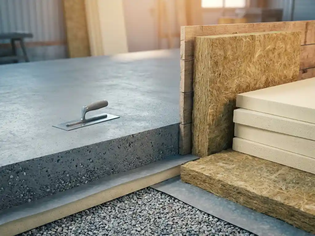 Dwarsdoorsnede van betonvloer met gestapelde isolatieplaten van minerale wol en XPS-schuim naast vers gestort beton, met metselspaan.