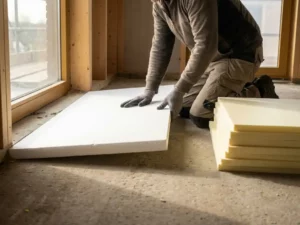 Werknemer die isolatieplaat op betonvloer drukt, met gestapelde ondervloerpanelen in onafgewerkt Nederlands interieur.
