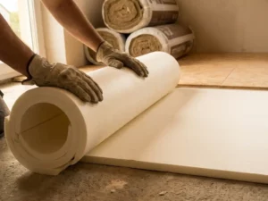 Bouwvakker legt stijve isolatieplaat op betonnen ondervloer, met mineraalwolrollen en houten vloerpaneel op de achtergrond.