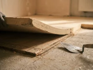 Vloerisolatieplaat gedeeltelijk opgetild op betonnen ondervloer, met zichtbare lagen rigide schuim onder versleten houten planken en een stalen spaan ernaast.