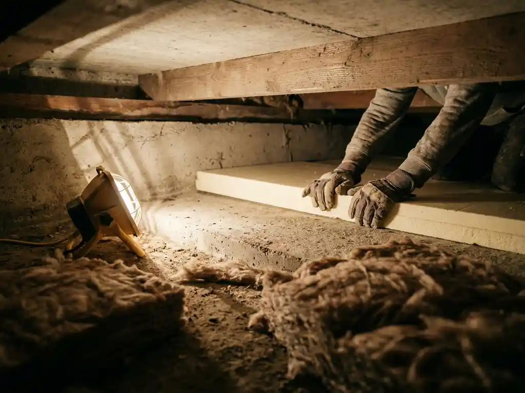 Bouwvakker installeert rigid foam isolatieplaat op betonnen kruipruimtevloer, met minerale wol en houten balken op de achtergrond.