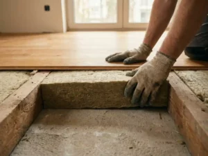 Bouwvakker drukt mineraalwollen isolatieplaat onder eiken vloerdelen op betonnen ondervloer tijdens woninginstallatie.