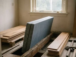 Mineraalwollen vloerisolatieplaat geplaatst tussen houten vloerbalken tijdens woningrenovatie, met gestapelde eiken planken op de achtergrond.