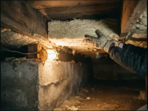 Werker in kruipruimte die minerale wol isolatieplaten tegen houten vloer aanbrengt, betonnen fundering op achtergrond.