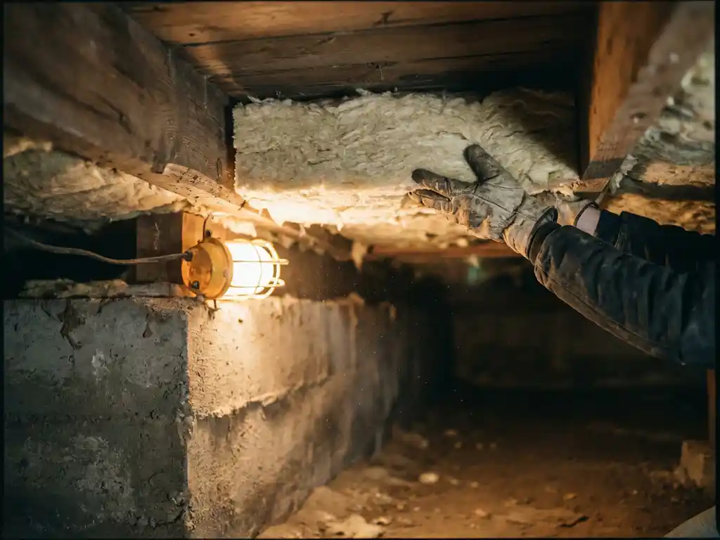 Werker in kruipruimte die minerale wol isolatieplaten tegen houten vloer aanbrengt, betonnen fundering op achtergrond.