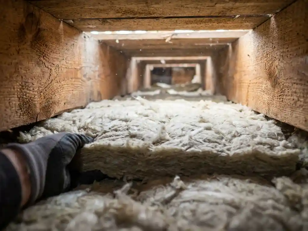 Mineraalwol isolatieplaat ingeklemd tussen houten vloerbalken, gefotografeerd vanuit een lage hoek met zichtbare houtnerf en vezelige textuur.