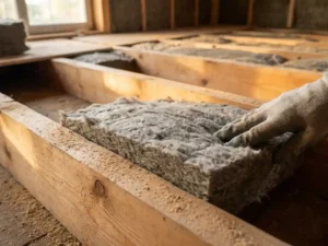 Mineraalwollen isolatieplaat geplaatst tussen houten vloerbalken, met zaagsel op het houtoppervlak en deels geïsoleerde ondervloer op de achtergrond.