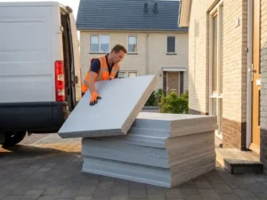 Stapel vloerisolatieplaten die worden afgeleverd bij een Nederlandse woning, schuimtextuur zichtbaar, gouden middaglicht.