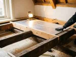 PIR isolatieplaat met zilveren folie geplaatst tussen houten vloerbalken tijdens renovatie van Nederlandse woning.