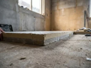 Dikke vloerisolatieplaat op ruw betonnen vloer, dwarsdoorsnede toont gelaagde materiaalstructuur, kale betonnen wanden op de achtergrond.