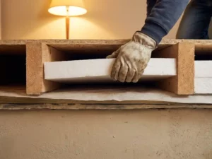 Bouwvakker drukt witte isolatieplaat tussen houten vloerbalken tijdens installatie van vloerisolatie in woning.