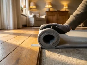 Isolatiemateriaal aangebracht tussen houten vloerdelen en betonnen ondervloer, met grijs schuimtape langs de randen in een Nederlandse woonkamer.