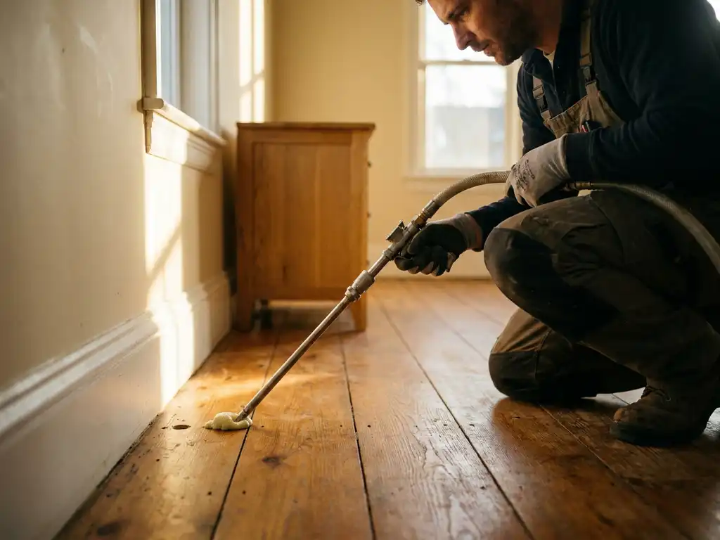 Installateur injecteert spuitschuim isolatie door boorgat in eiken houten vloer met gespecialiseerde nozzle.