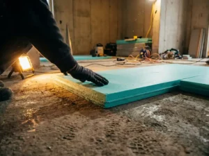 XPS isolatieplaat wordt op een ruw betonnen vloerplaat gedrukt, omringd door betonnen wanden en installatiegereedschap.