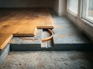 Dwarsdoorsnede van betonnen ondervloer met isolatieplaten, vloerverwarmingsbuis en gedeeltelijk geplaatste houten vloerdelen.