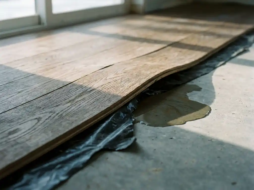 Opgekrompen houten vloerplank met vochtschade, opstaande randen en waterplasje, dampscherm zichtbaar onder de kier.