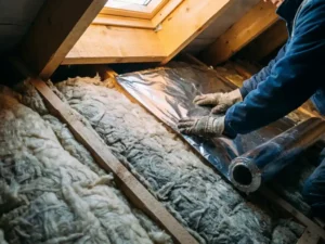 Bouwvakker installeert zilveren dampscherm over mineraalwol isolatie tussen houten dakspanten in een woonhuis.